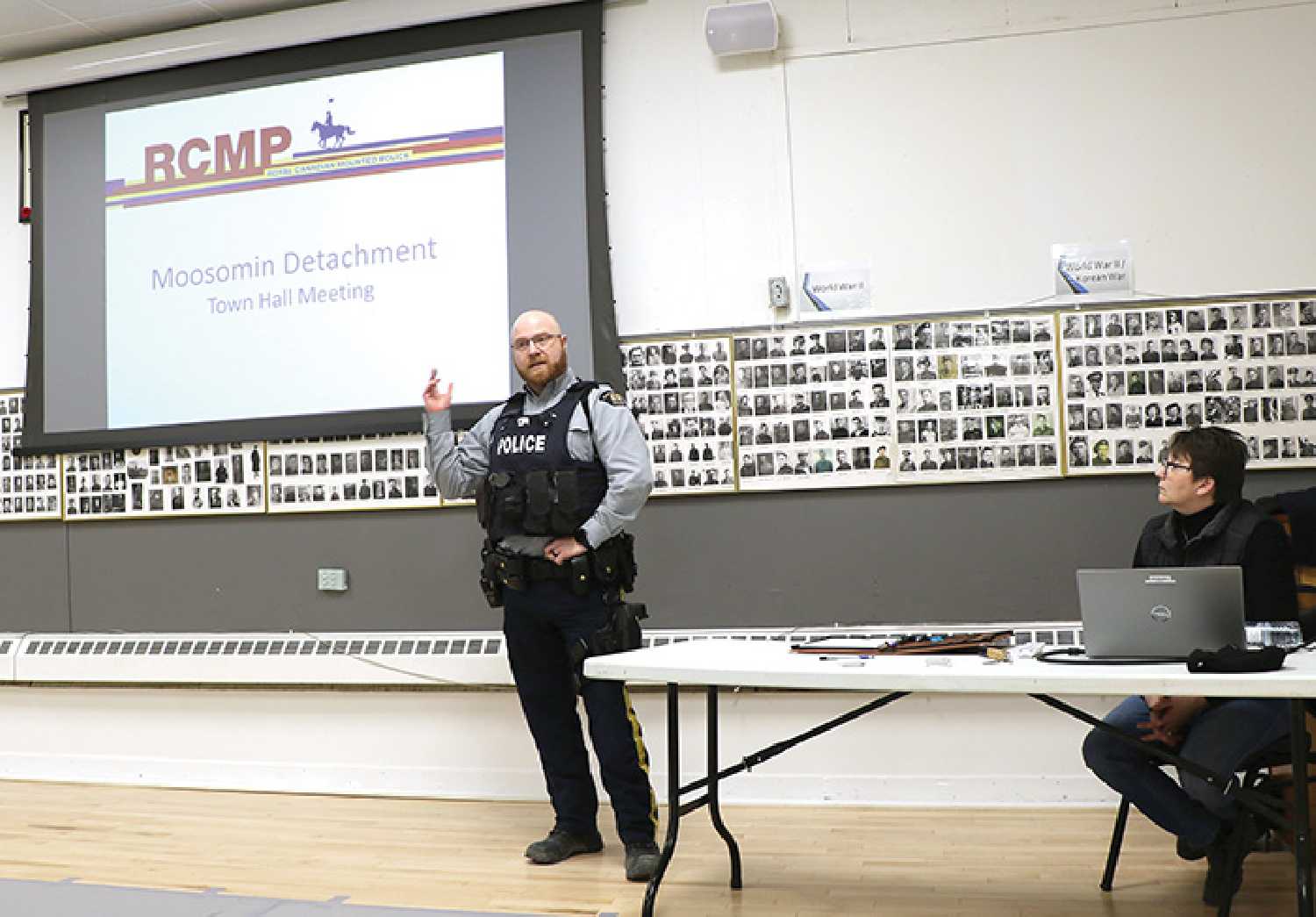 Sgt. Damien Grouchy speaking at the Moosomin RCMP Town Hall Meeting on March 28.